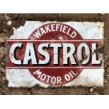 A Wakefield Castrol Motor Oil double sided enamel sign of unusual colour, lacking hanging flange.