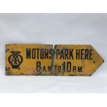 An unusual AA 'Motors Park Here 8am-10pm' double sided directional enamel sign by Franco, 25 1/2 x 8