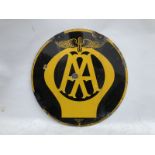 An AA circular double sided enamel sign by Franco, 18" diameter.