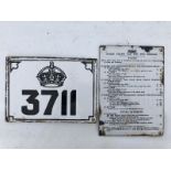 A small enamel sign for Horse Drawn Cab fares, 6 1/2 x 9", and another numbered with the cab