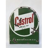 A Castrol Motor Oil curved top enamel sign for the end of a bottle crate, 11 1/2 x 14 1/2".