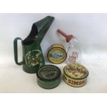 Three polish tins including Kleen-e-ze, also a Lucas battery filler and a Castrol measure.