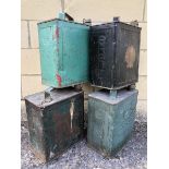 Four 2 gallon petrol cans including Shell and Pratts.