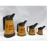 A graduated set of four Shell Motor Oil measures comprising half gallon, quart, pint and half pint.