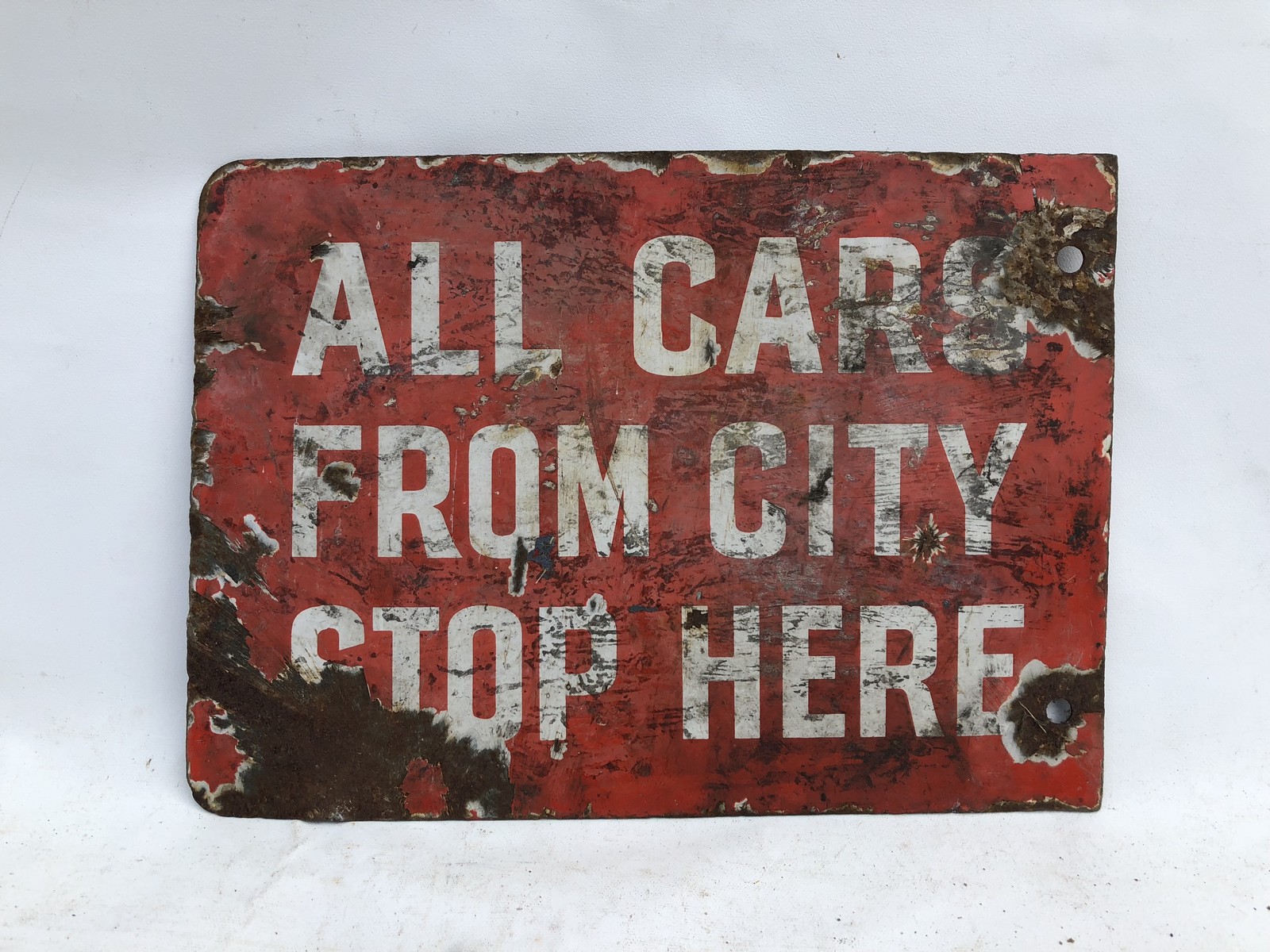 A double sided enamel sign - All cars from city, stop here, 14 x 10". - Image 2 of 2