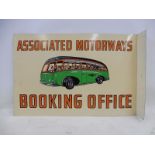 An Associated Motorways Booking Office pictorial double sided tin advertising sign with hanging