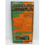 An Associated Motorways Booking Office orange and green part pictorial rectangular enamel sign