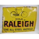 A Raleigh 'The all steel bicycle' rectangular enamel sign with image of a bicycle to the top, by