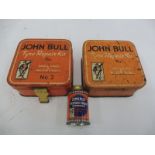 Two John Bull tyre repair kits, one with contents and a John Bull French chalk sprinkler tin.