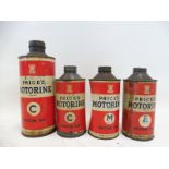 A Price's Motorine C grade cylindrical quart oil can and three matching pint cans.