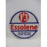 An Essolene Guaranteed Pure Petrol circular double sided enamel sign, 30" diameter.