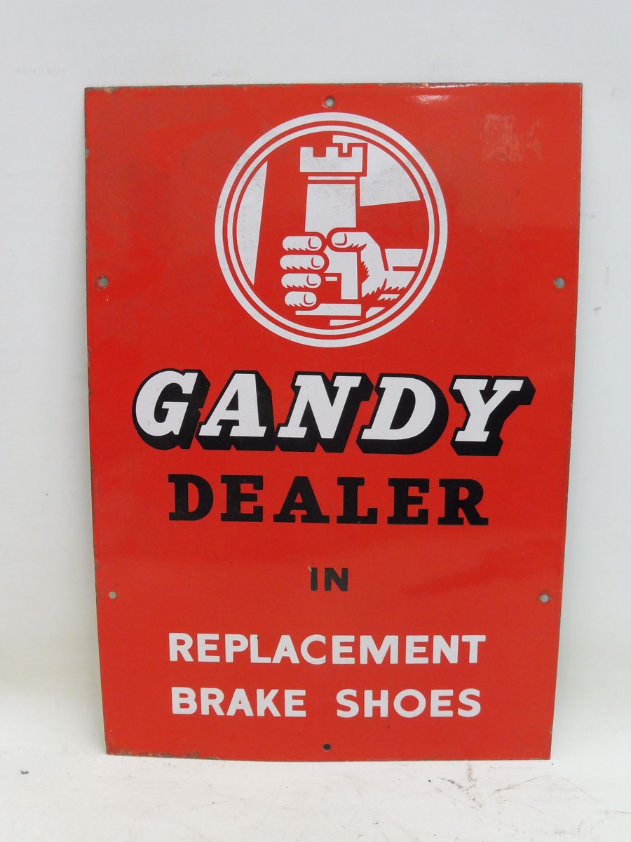 A Gandy Dealer in Replacement Brake Shoes rectangular enamel sign, 15 1/2 x 22 1/2".