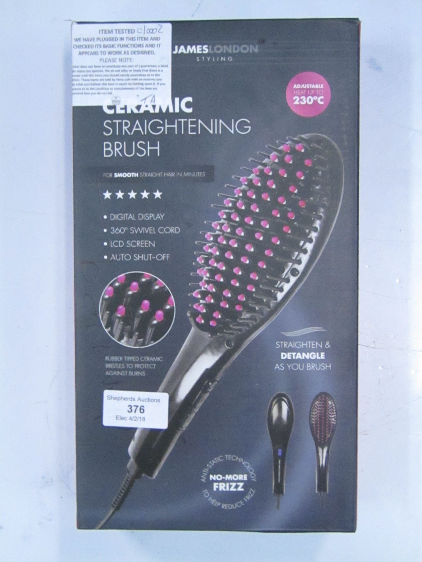 James London styling ceramic straightening brush. Tested working & boxed.