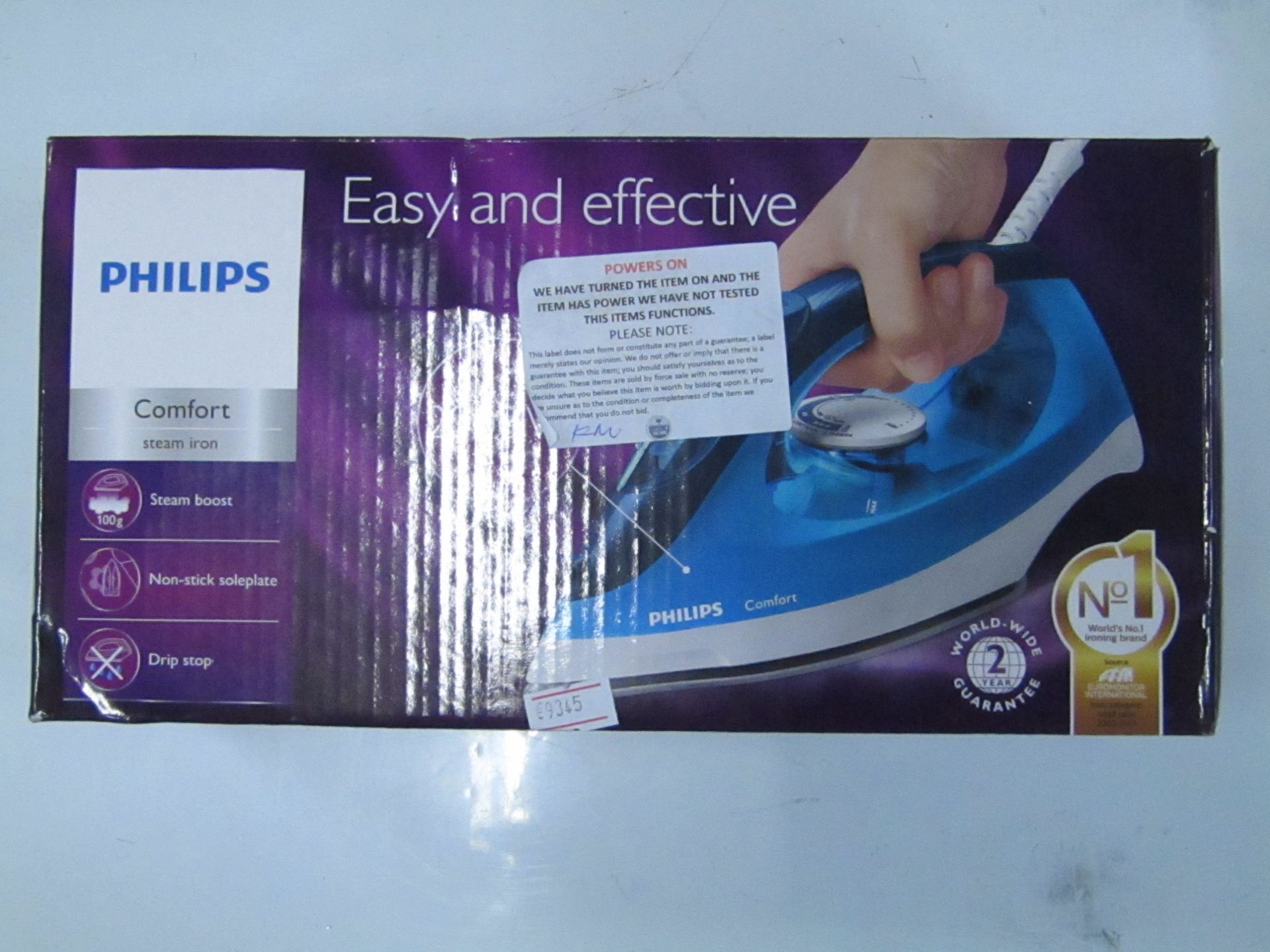 Philips Comfort steam iron. Powers on & boxed.