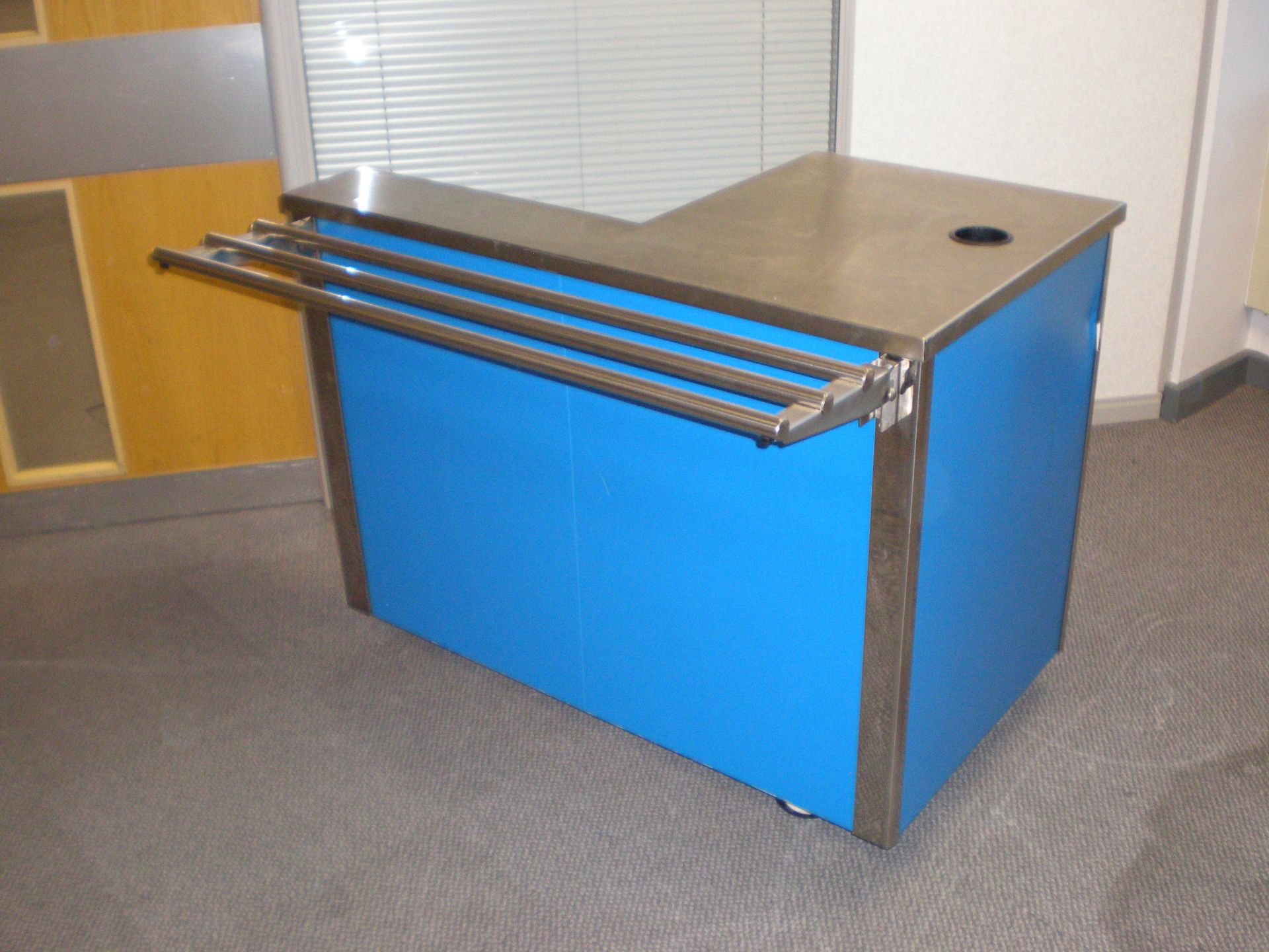 Canteen Stainless Steel Trolly Pay Station For Till, On Wheels, Collapsable Shelf For Trays, 2