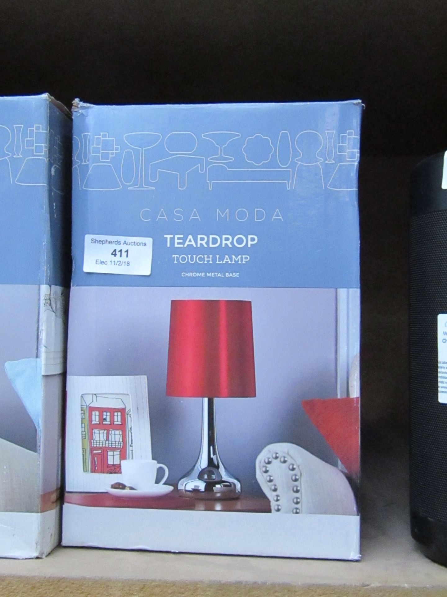 Casa Moda teardrop touch lamp - chrome metal base. Untested & boxed.