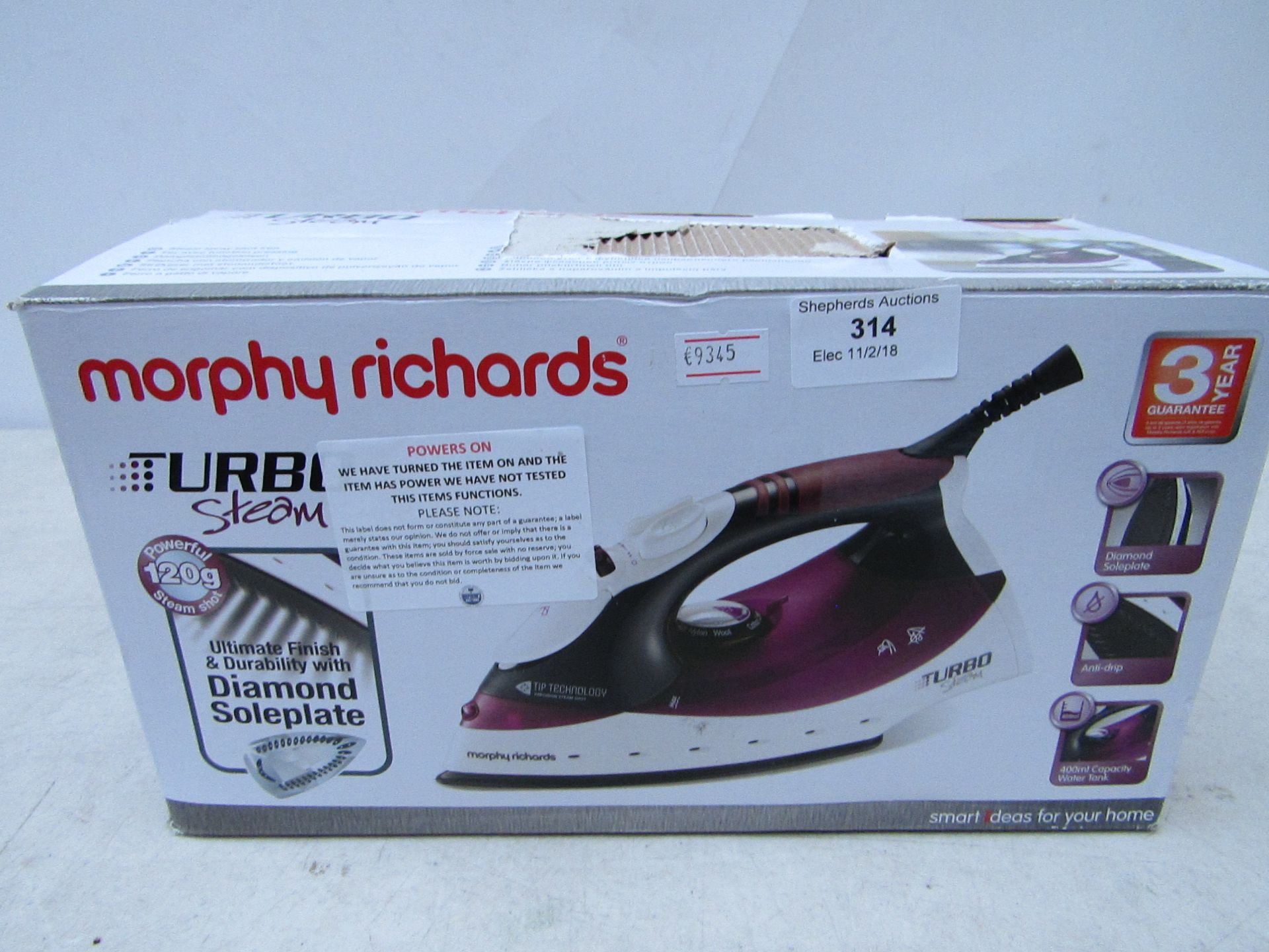 Morphy Richards urbo steam spray shot iron. Powers on & boxed.