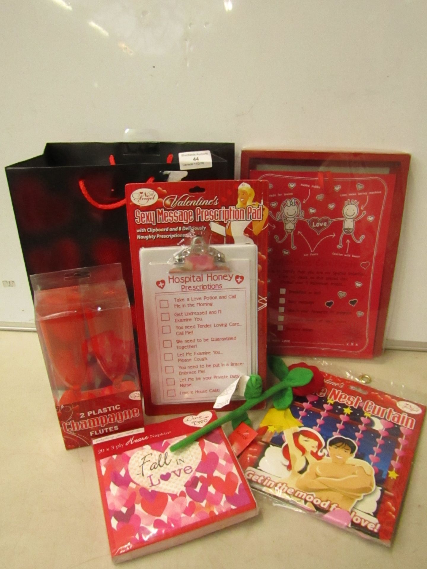 7 Piece Valentines Gift set which includes, Gift Bag, Certificate, Sexy Message Prescription Pad,