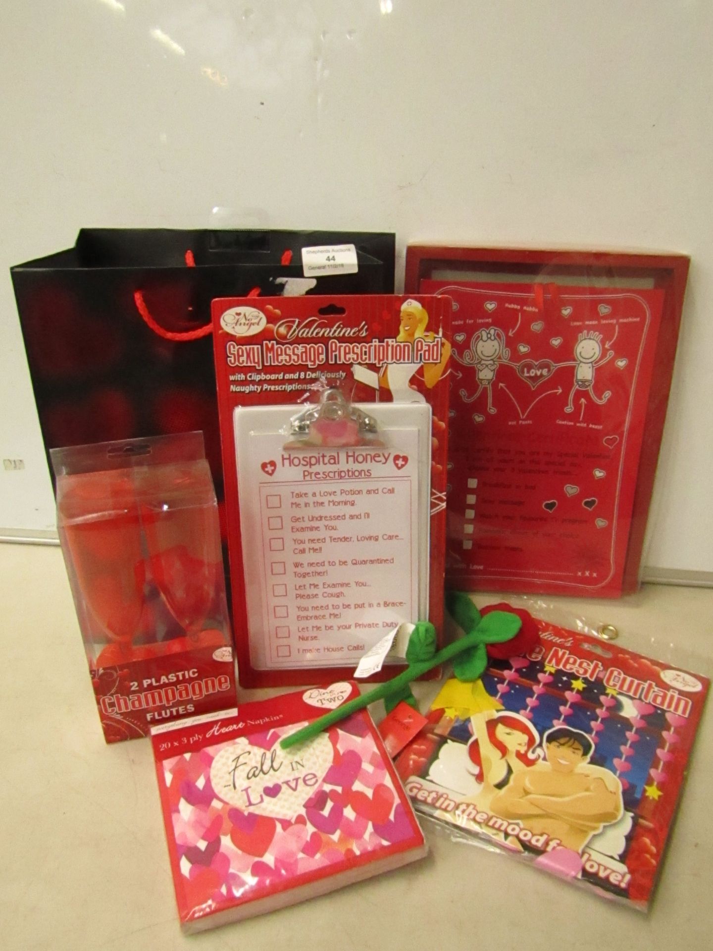 7 Piece Valentines Gift set which includes, Gift Bag, Certificate, Sexy Message Prescription Pad,