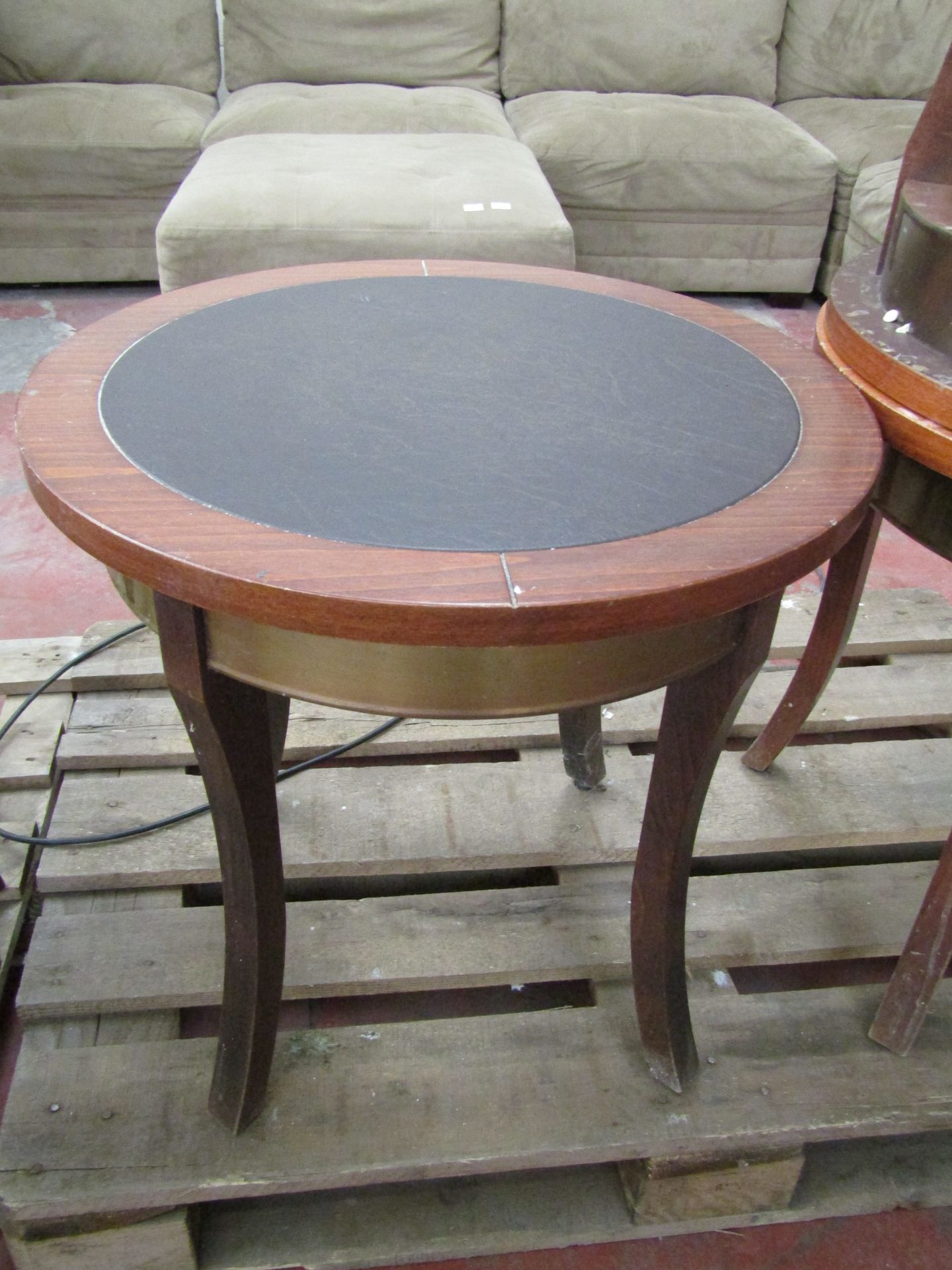 Small round wooden table, size W56cm x D56cm x H55cm. Item is from a Starbucks shop and has