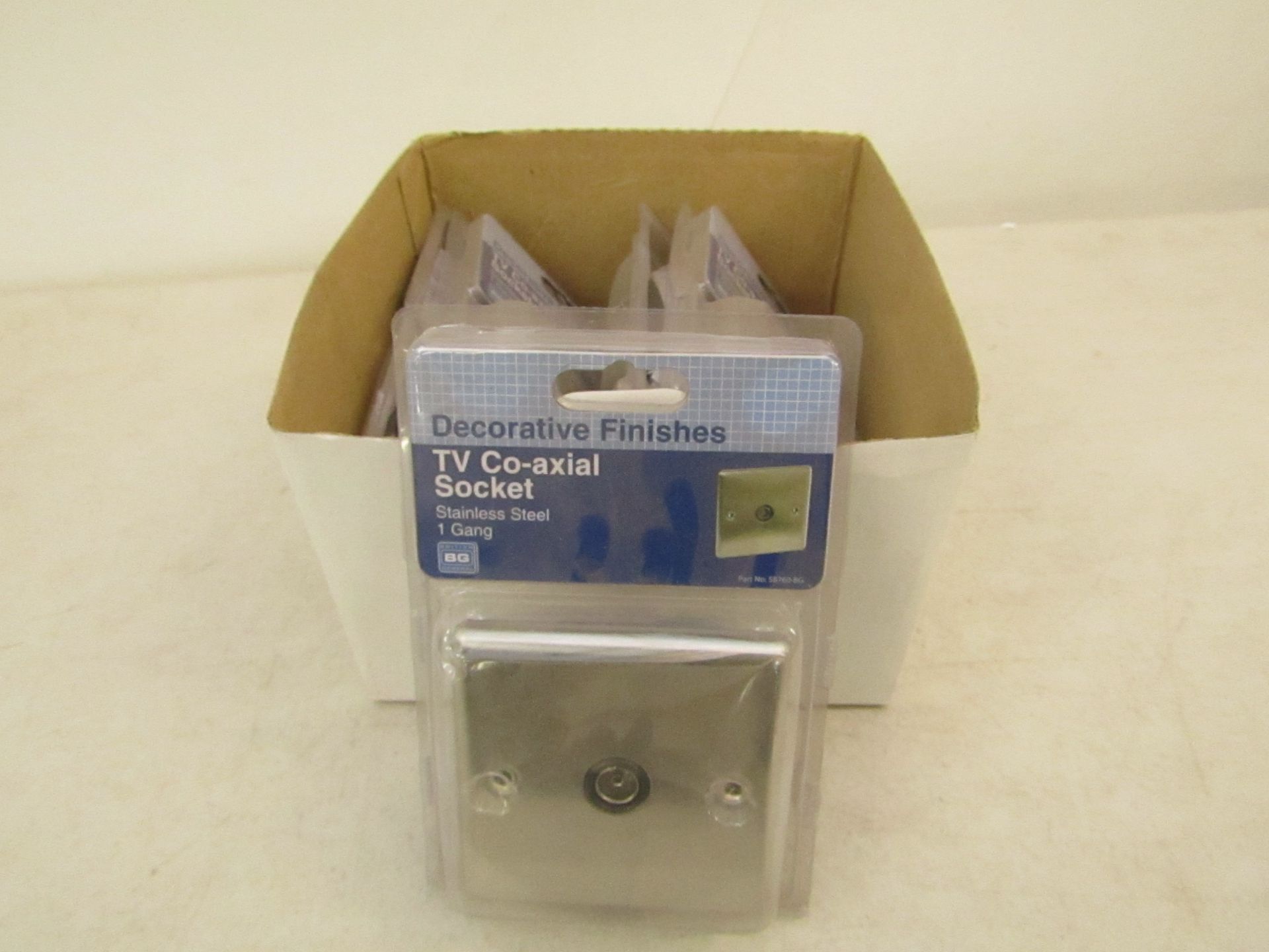 Box of 5x Reflex chrome co-axial 1-gang+sockets, new in packaging.