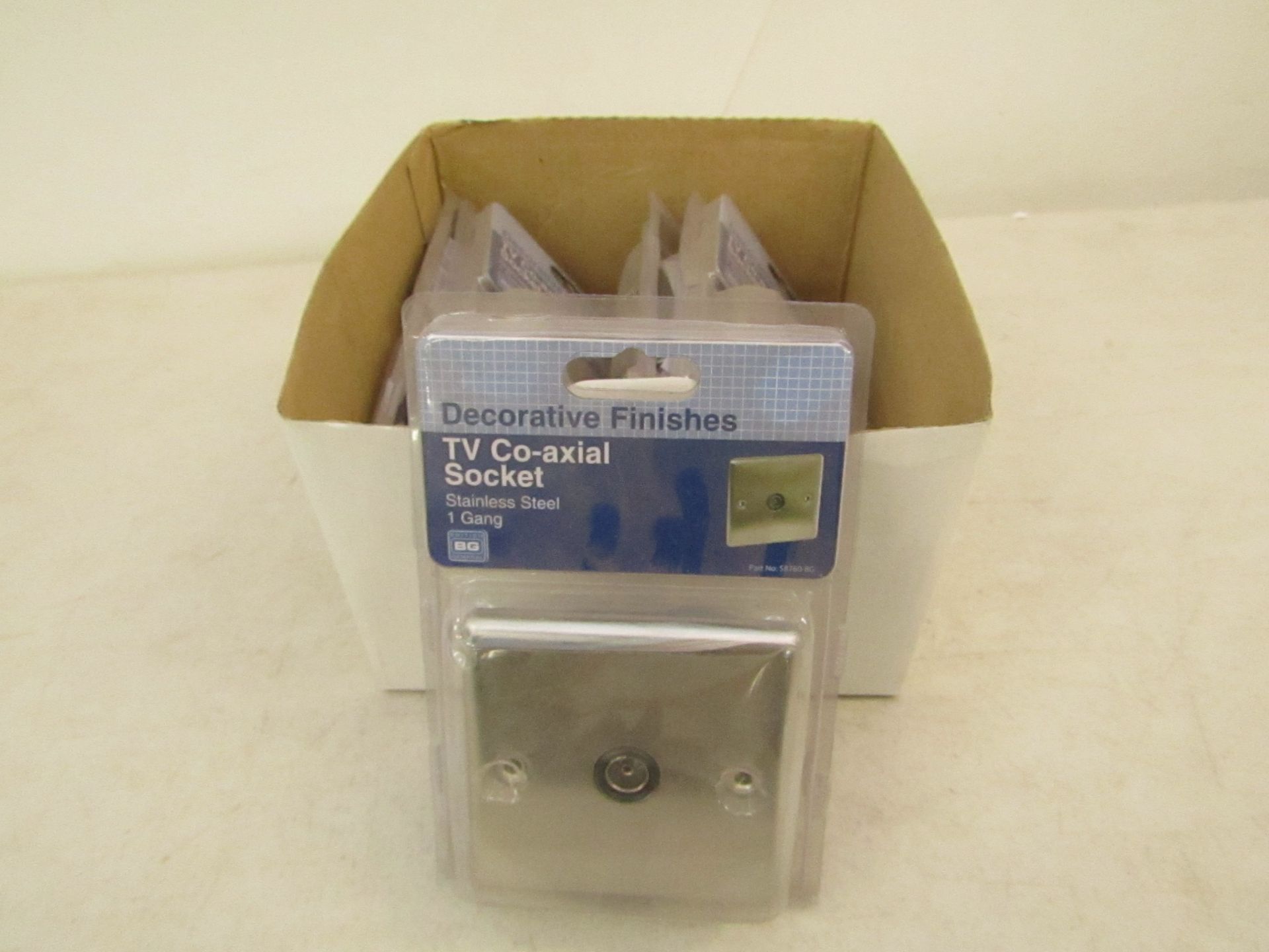 Box of 5x Reflex chrome co-axial 1-gang+sockets, new in packaging.