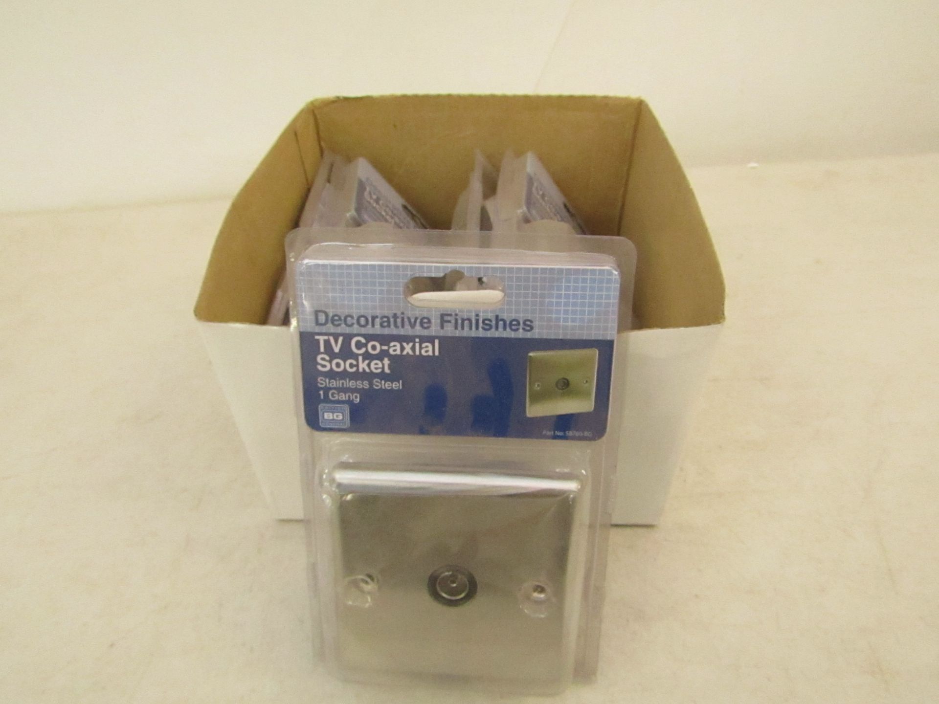 Box of 5x Reflex chrome co-axial 1-gang+sockets, new in packaging.