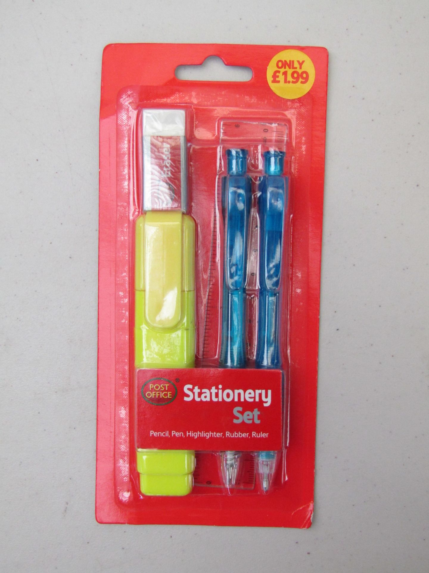 12x Post Office Stationary Sets. Each set contains a pencil, pen, highlighter, rubber and ruler.
