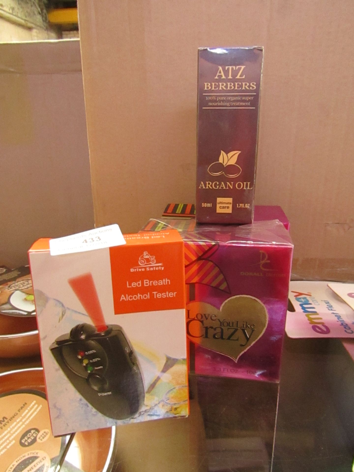 4x item being: - LED alcohol breath tester - ATZ berbers 50ml argan oil - 2x Dorall collection 'love