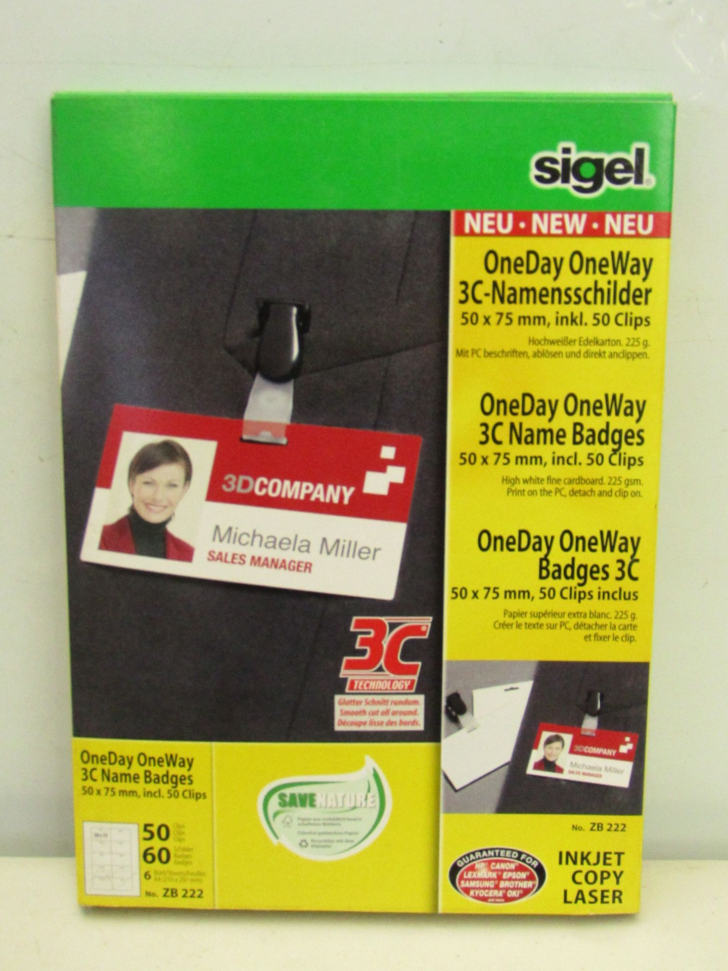 4x packs of Sigel A4 3C Oneday Oneway White Name Badges, each pack includes 50 clips and 60