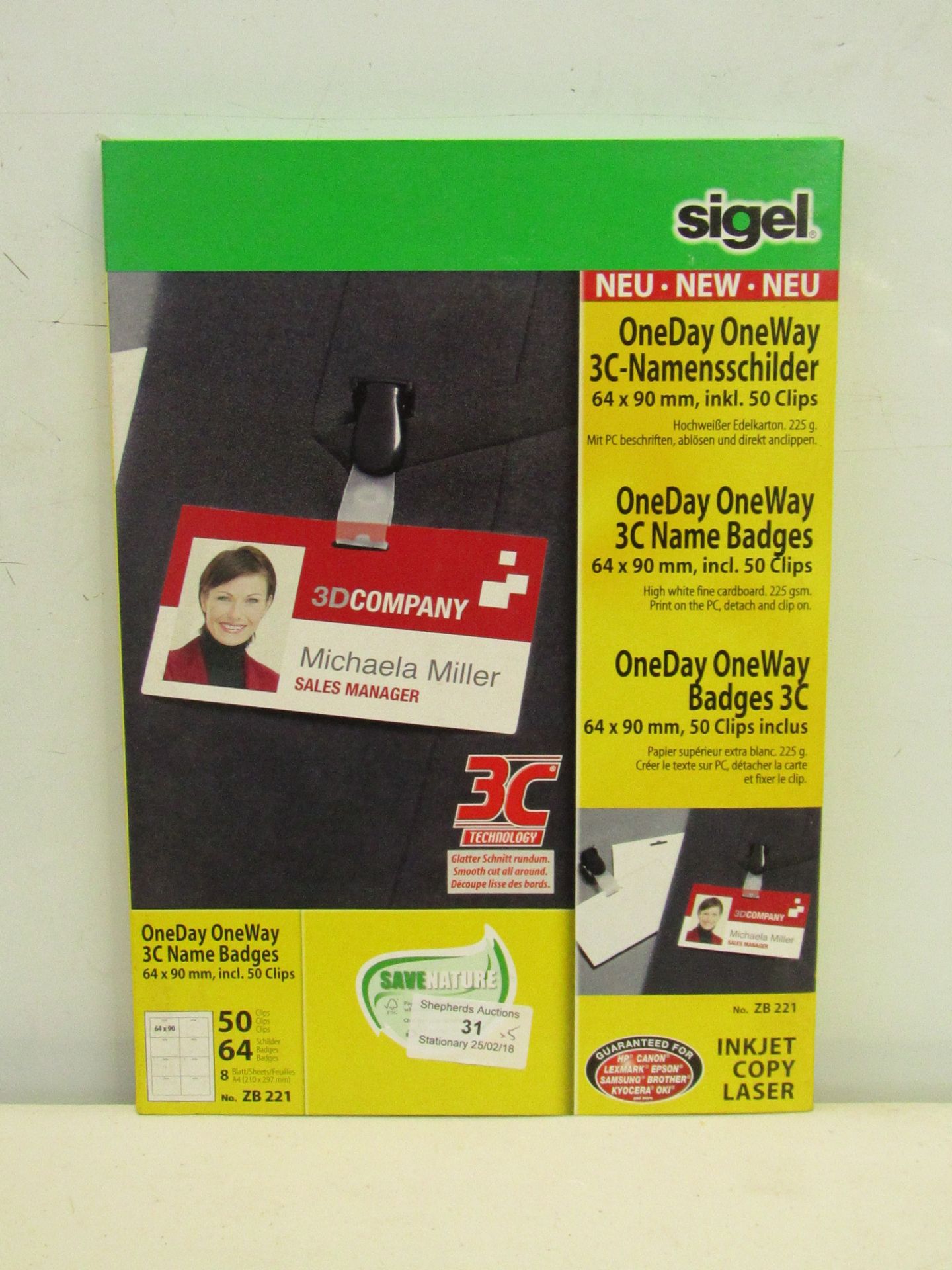 5x packs of Sigel A4 3C Oneday Oneway White Name Badges, each pack includes 50 clips and 64