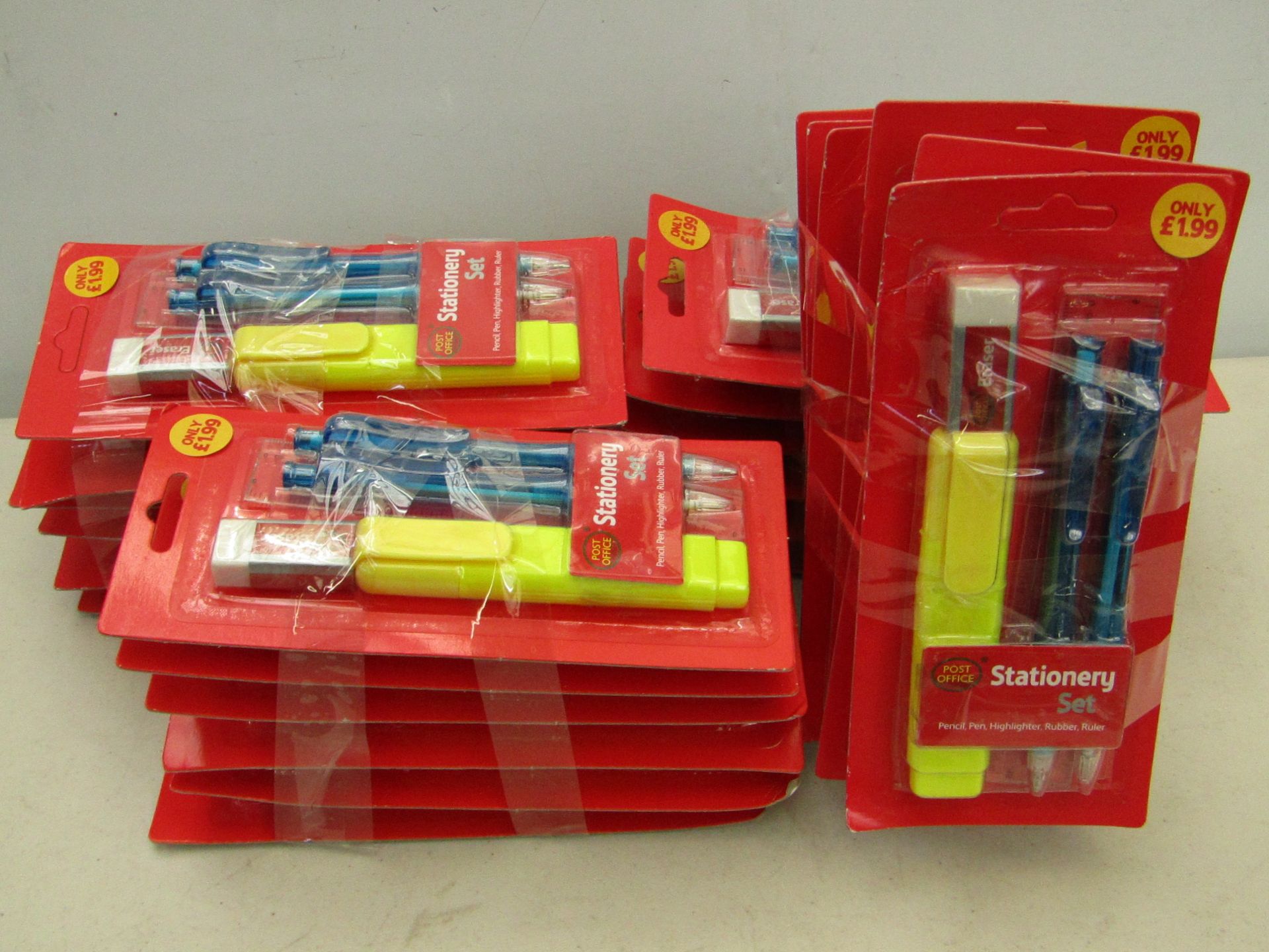 24x Post Office stationary sets, each set includes: pencil, pen, highlighter, rubber, ruler.