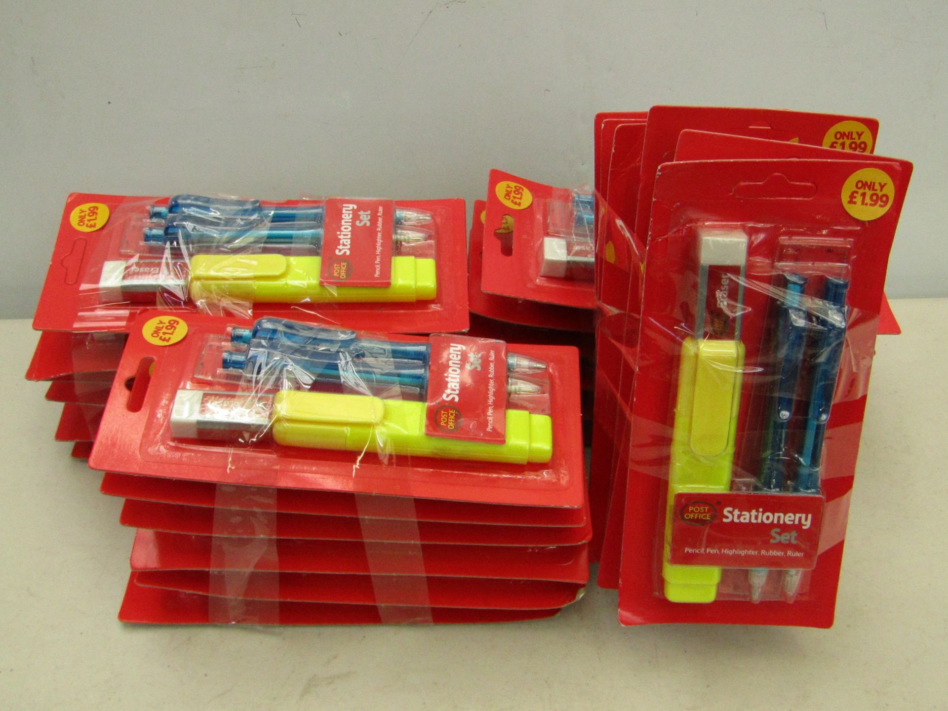 24x Post Office stationary sets, each set includes: pencil, pen, highlighter, rubber, ruler.