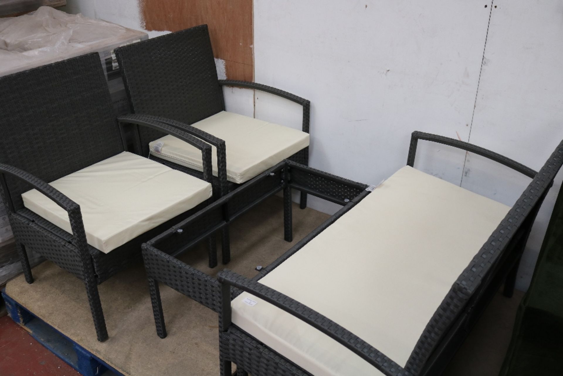 Poly rattan patio set, includes a 2 seater bench, 2 chairs, 3x cushions and a coffee table ( - Image 4 of 4