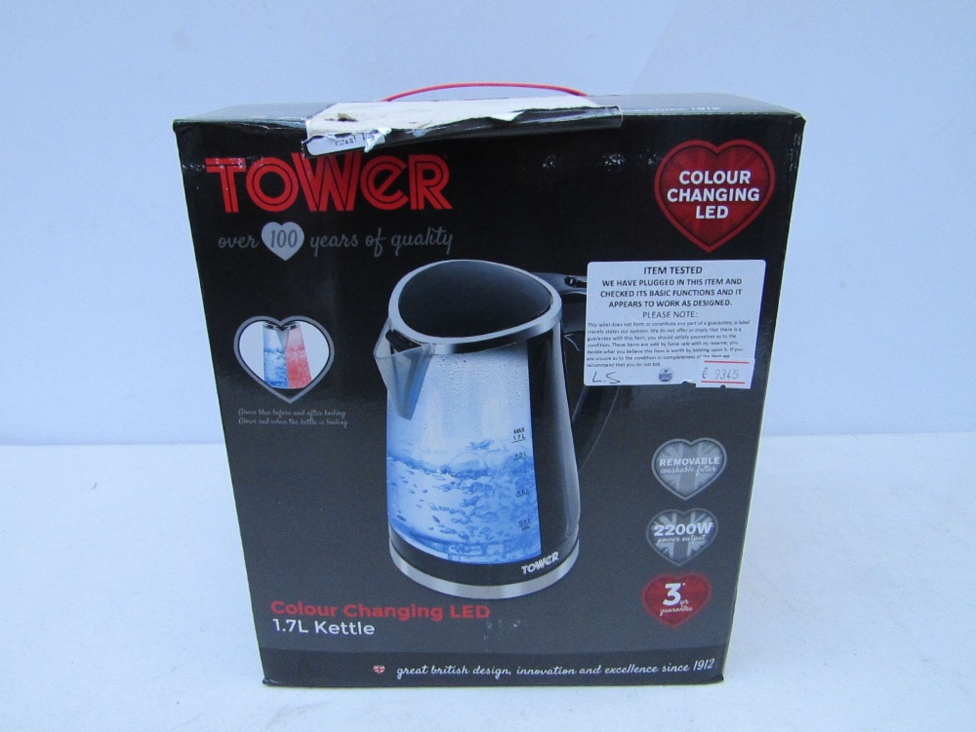 Tower colour changing LED 1.7L kettle. Tested working & boxed.