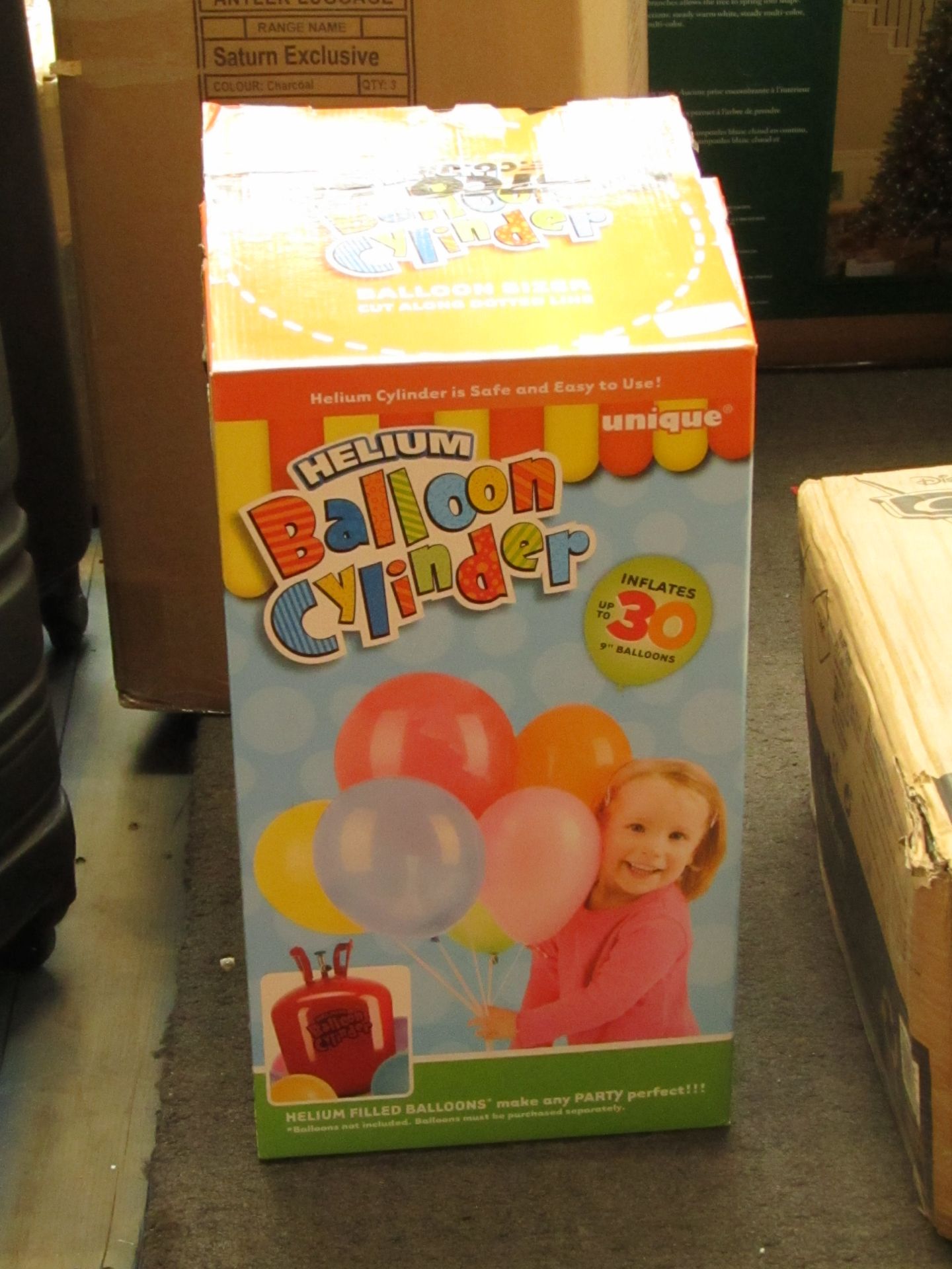 Unique helium balloon cylinder, unchecked and boxed.