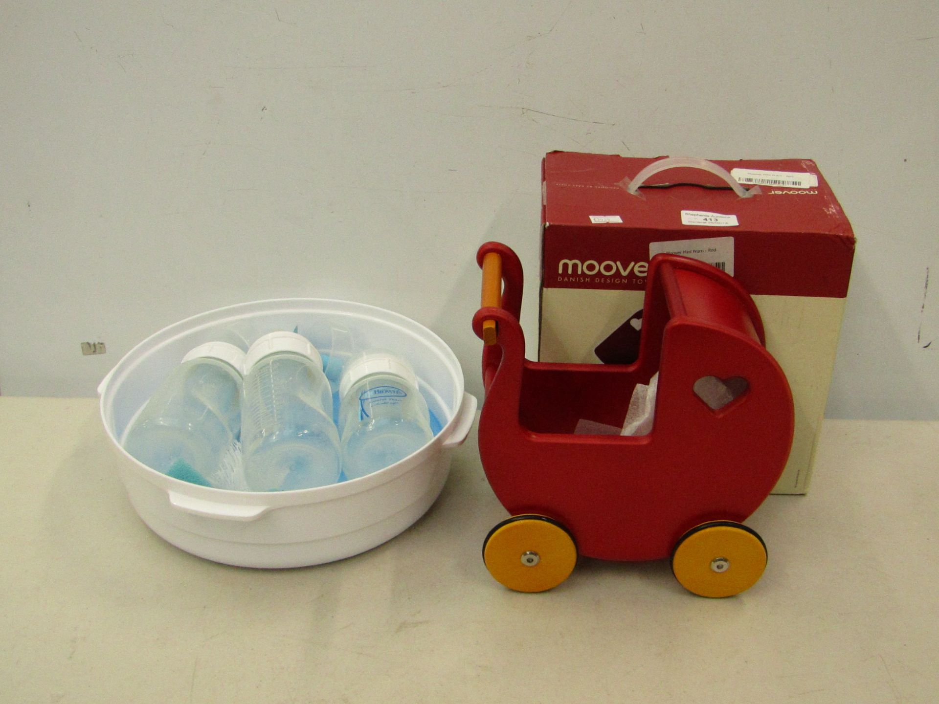 2 items being Dr Browns Feeding Bottles with drain tray & brush & Moover Danish Wooden Mini Dolls