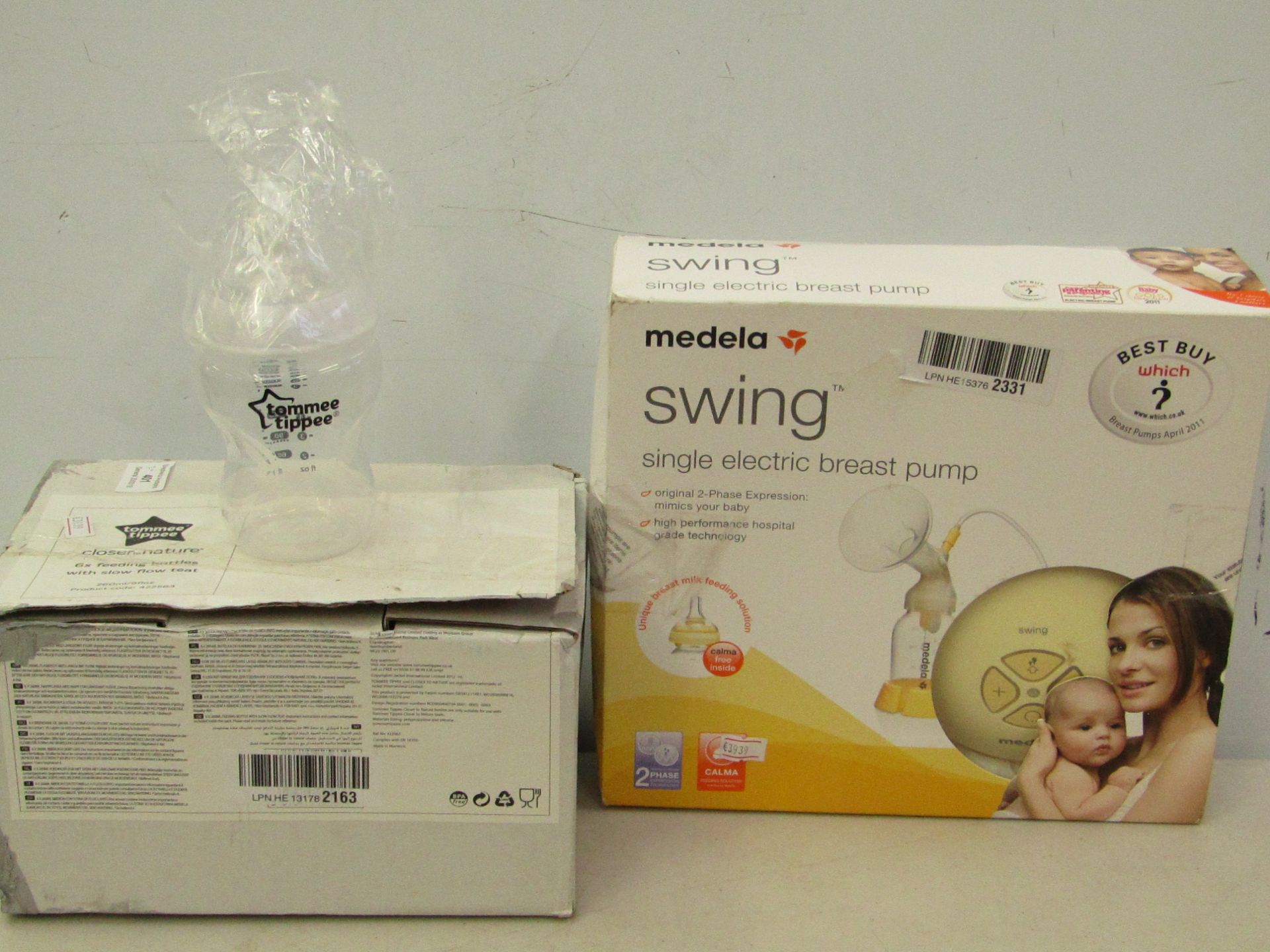 2 items being Tommee Tippee 6 x Feeding Bottles with slow flow teat boxed & Medela Swing Single