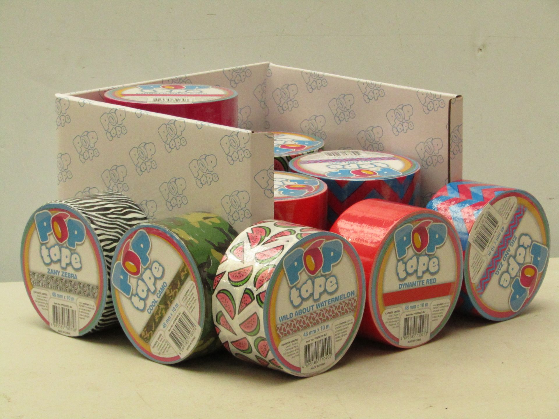 12 x various rolls of Pop Tape, 48mm x 10m per tape (see image for designs) new & packaged. The