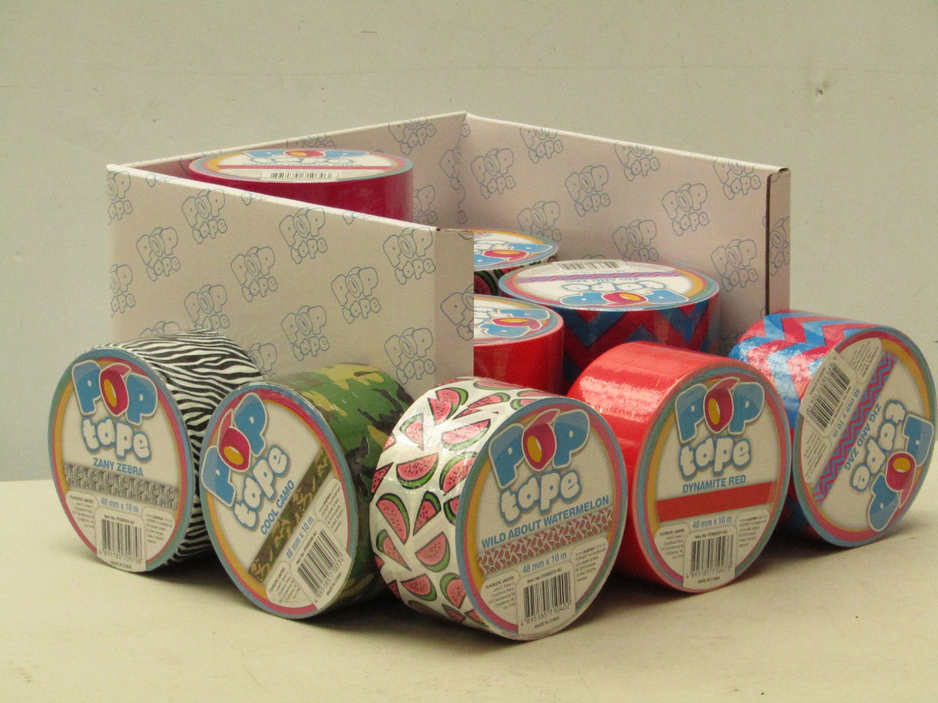 12 x various rolls of Pop Tape, 48mm x 10m per tape (see image for designs) new & packaged. The