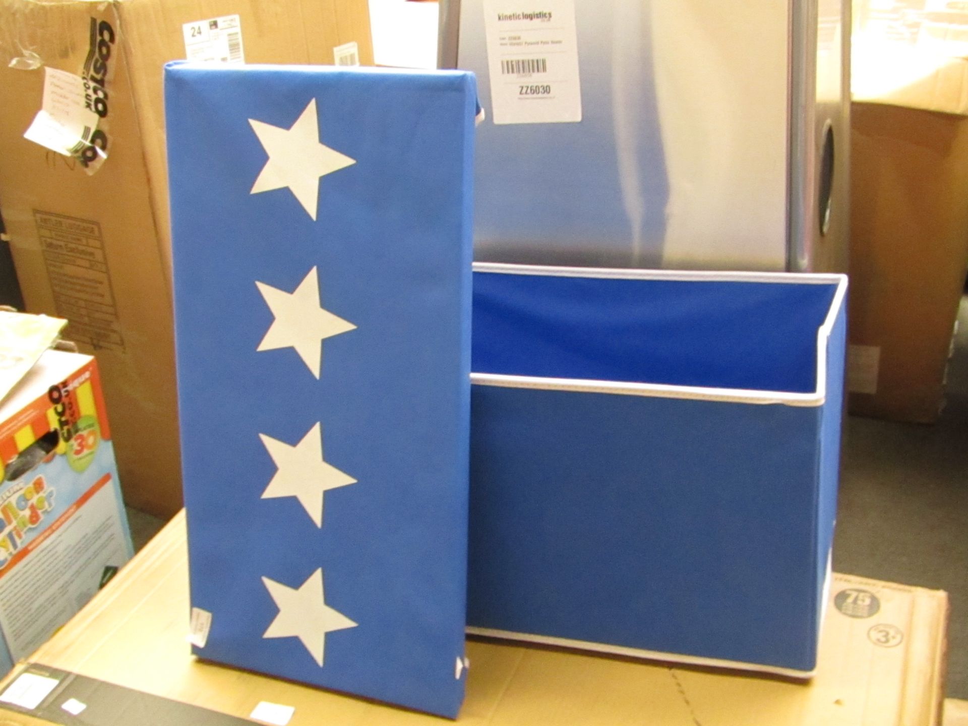 Chad Valley upholstered toy box, blue stars, new.