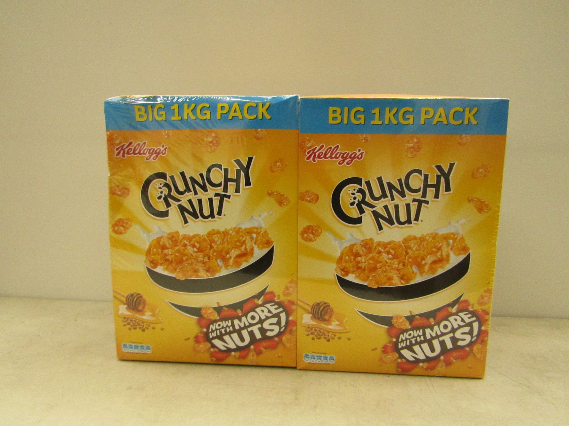 2x Packs of 1KG (2KG total) Kelloggs crunchy nut, some boxes may be damaged.  BB September 2018.