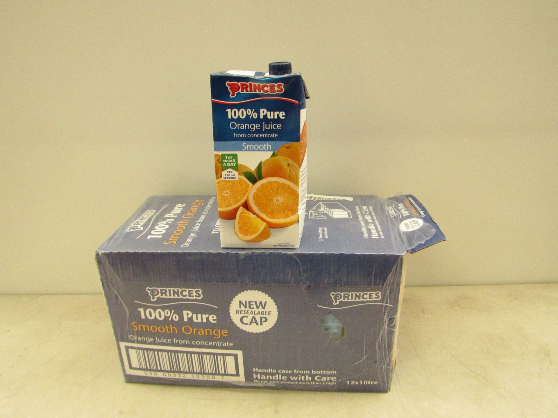 12x 1L (12L total) Princes 100% pure smooth orange juice, new, unable to find BB date.