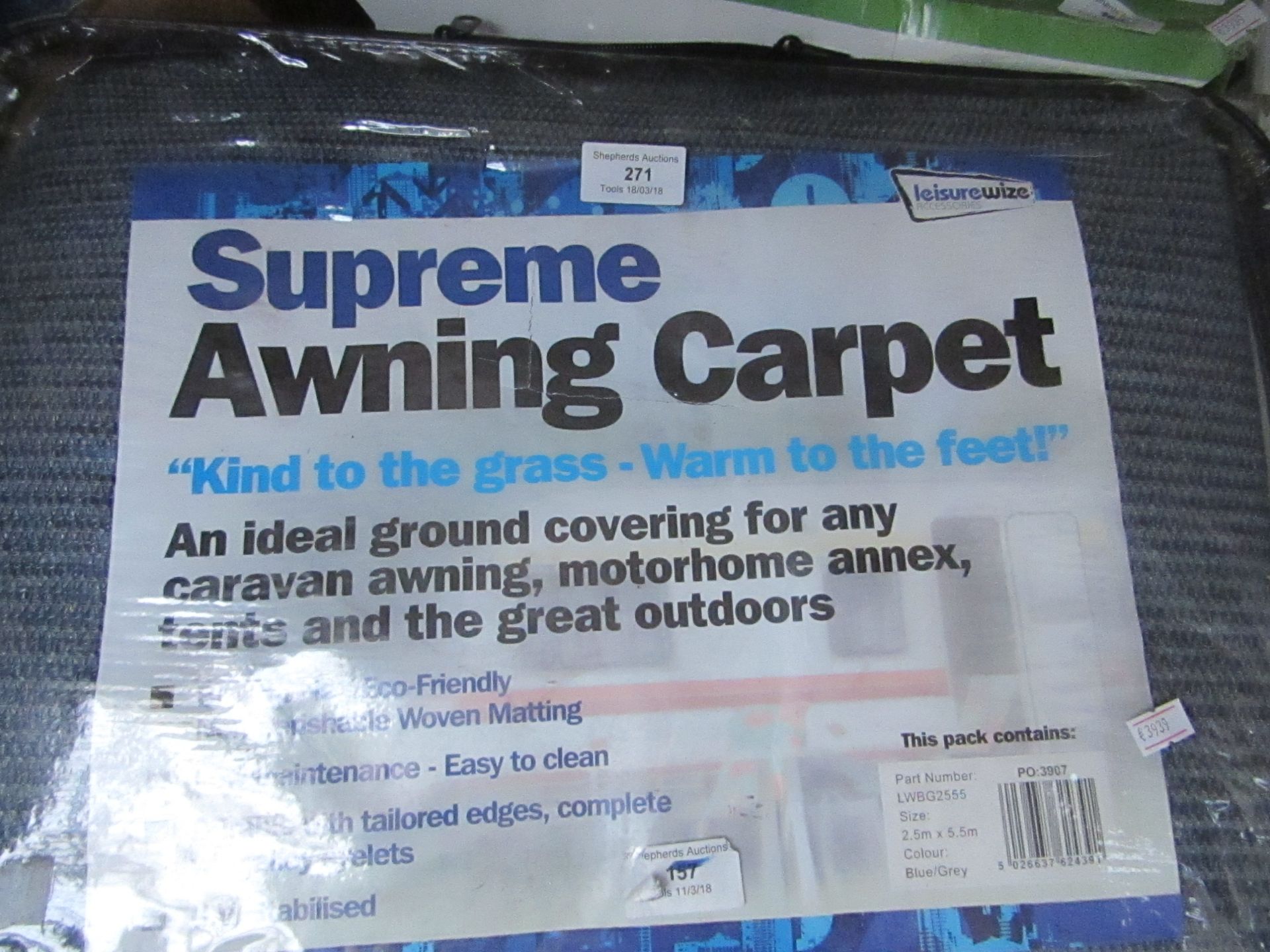 Leisurewize supreme awning carpet (2.5m x 5.5m), unused and unopened and in packaging