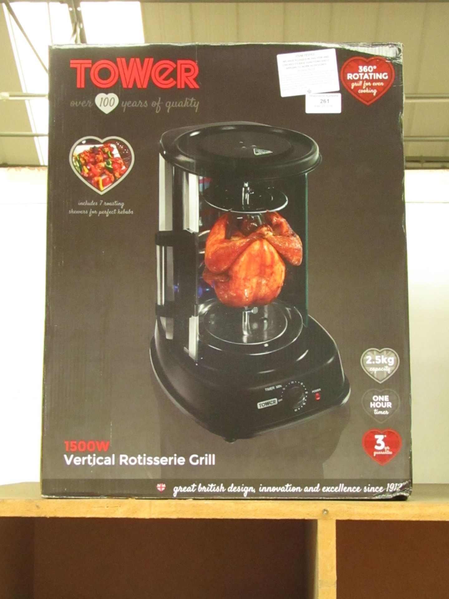 Tower 1500w vertical rotisserie grill. Tested working & boxed.