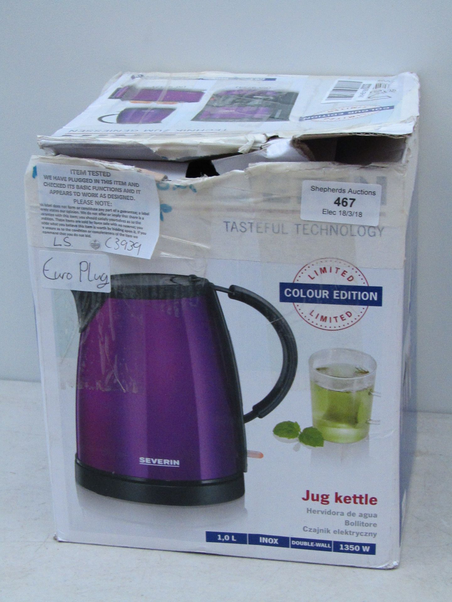 Severin 1L jug kettle (euro plug). Tested working & boxed.