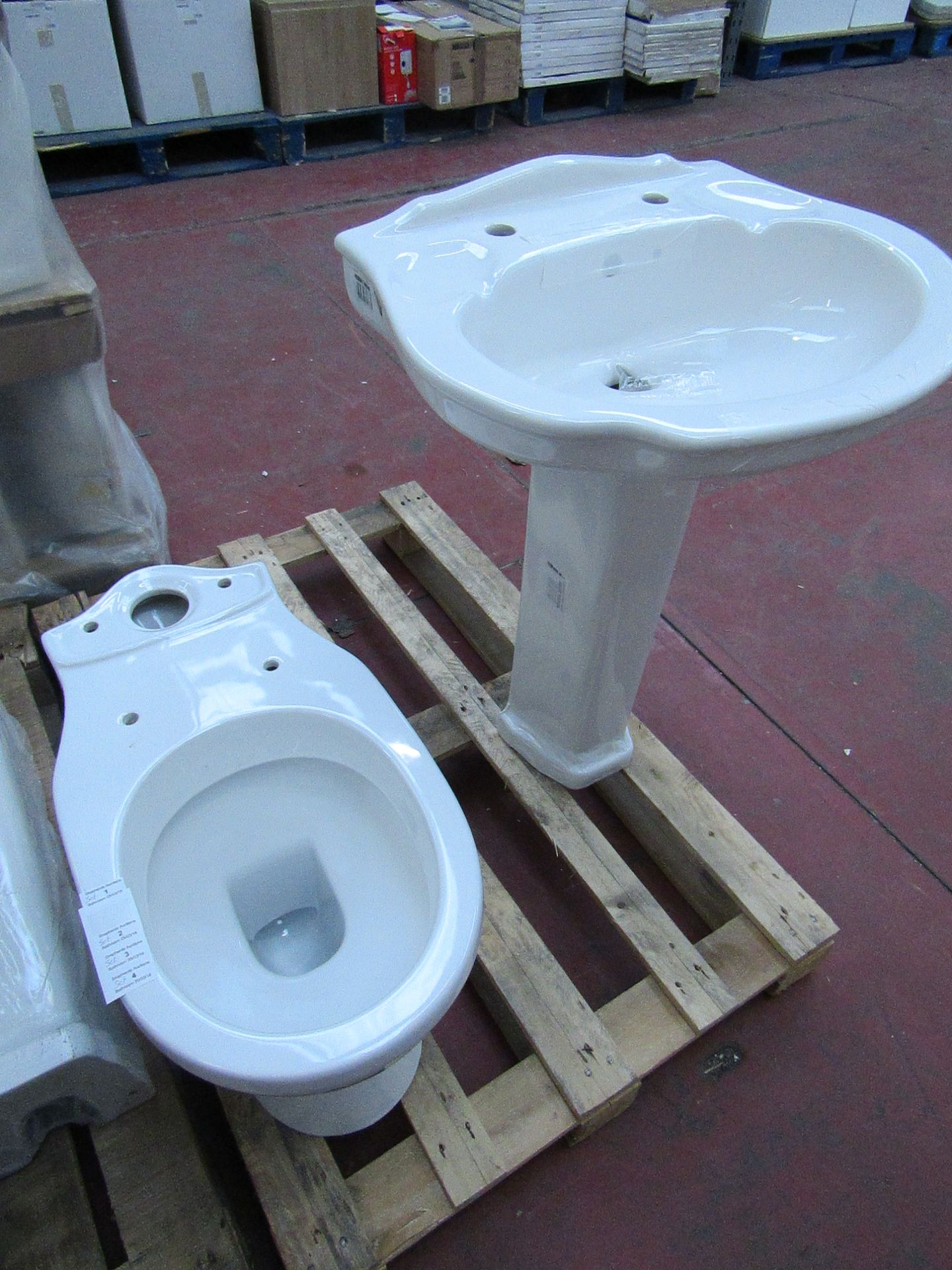 Bathroom set includes; Olympos Close coupled WC pan, Jersey Bathroom basin (2TH 600) and full