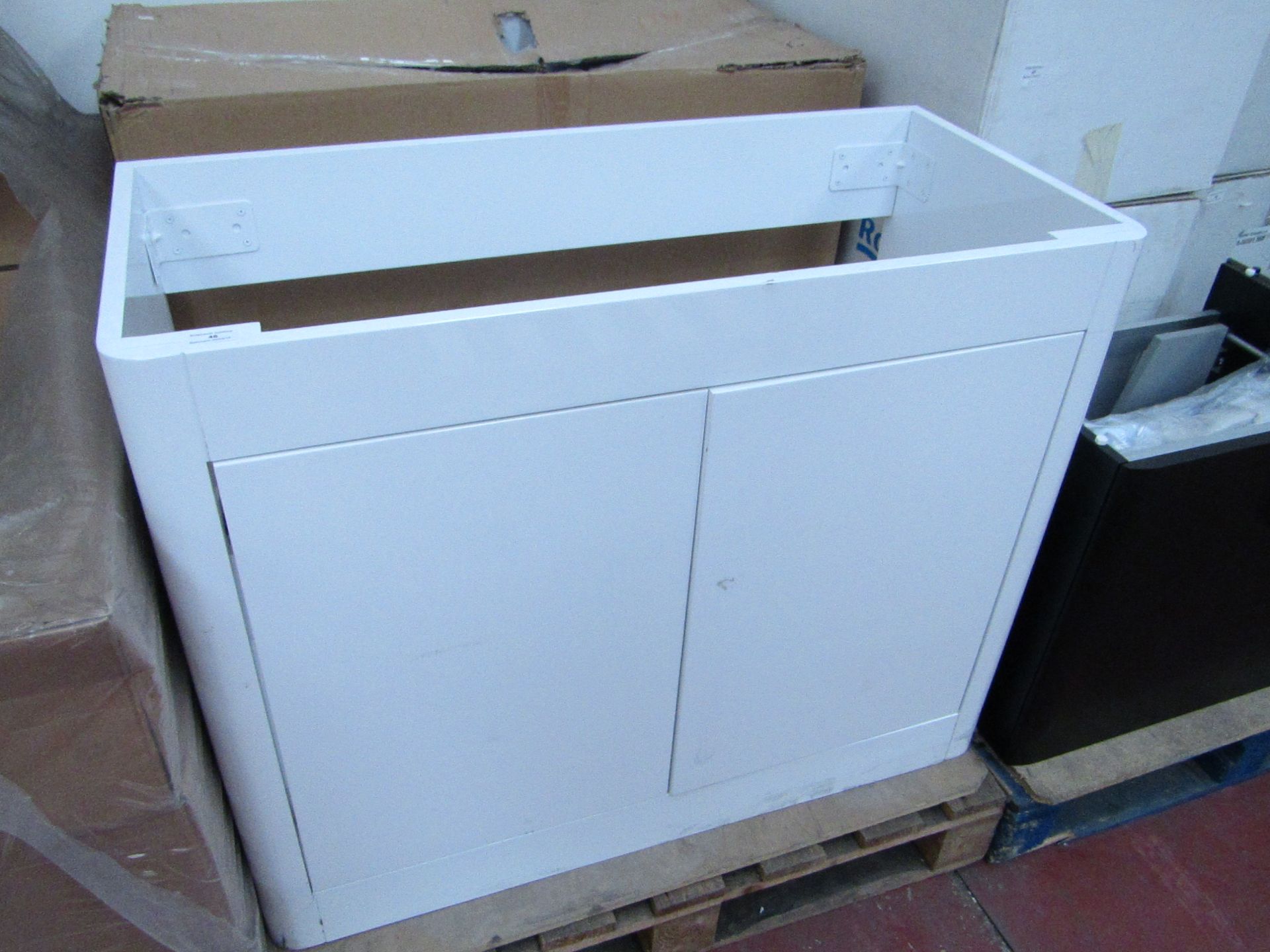 Purity ice white 1000cm x 46cm x 80cm floor standing door unit. Has some scuffs and marks, boxed.