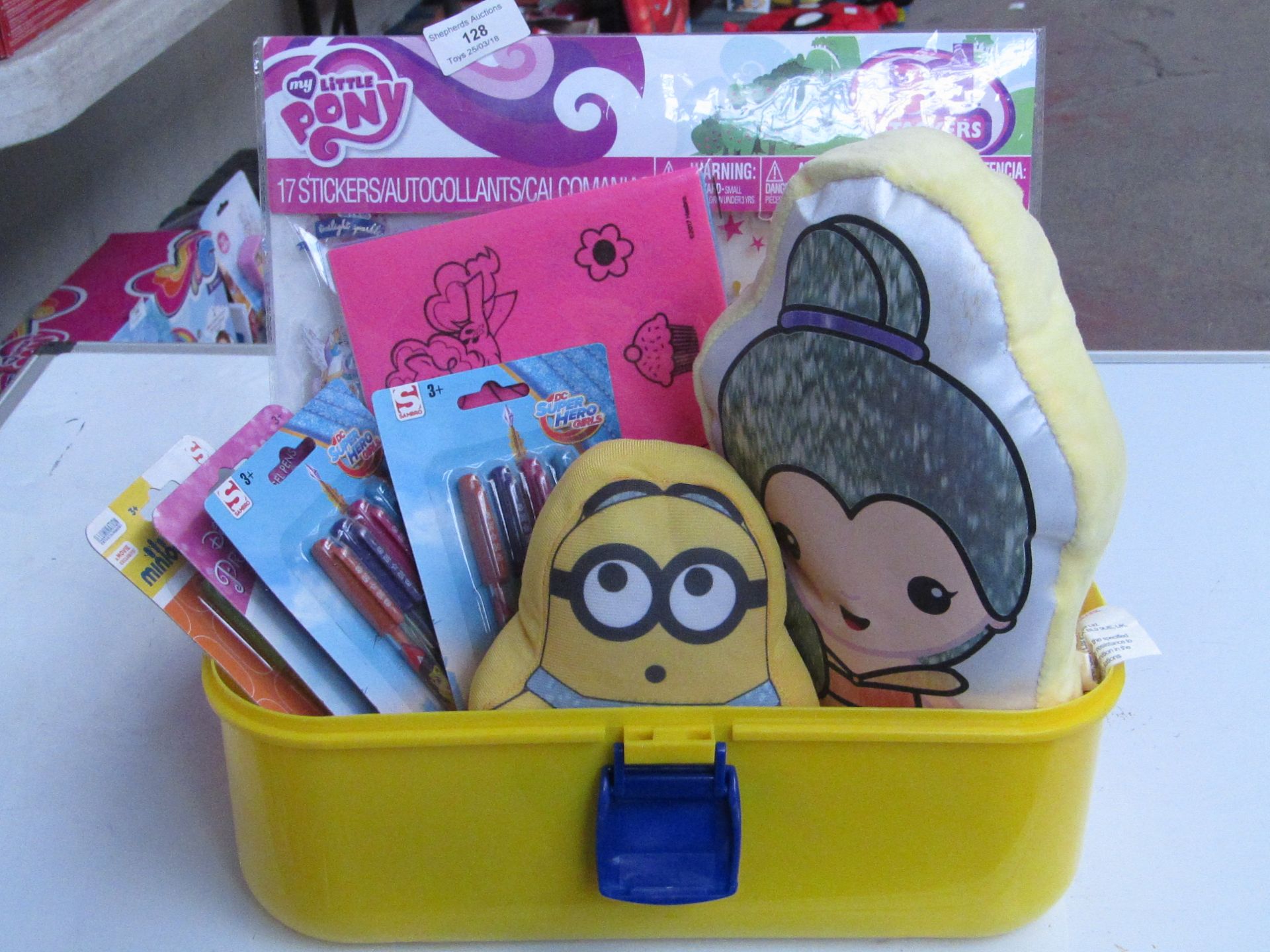 Storage box of various coloured pens, plush toys and 3D stickers etc, all new.