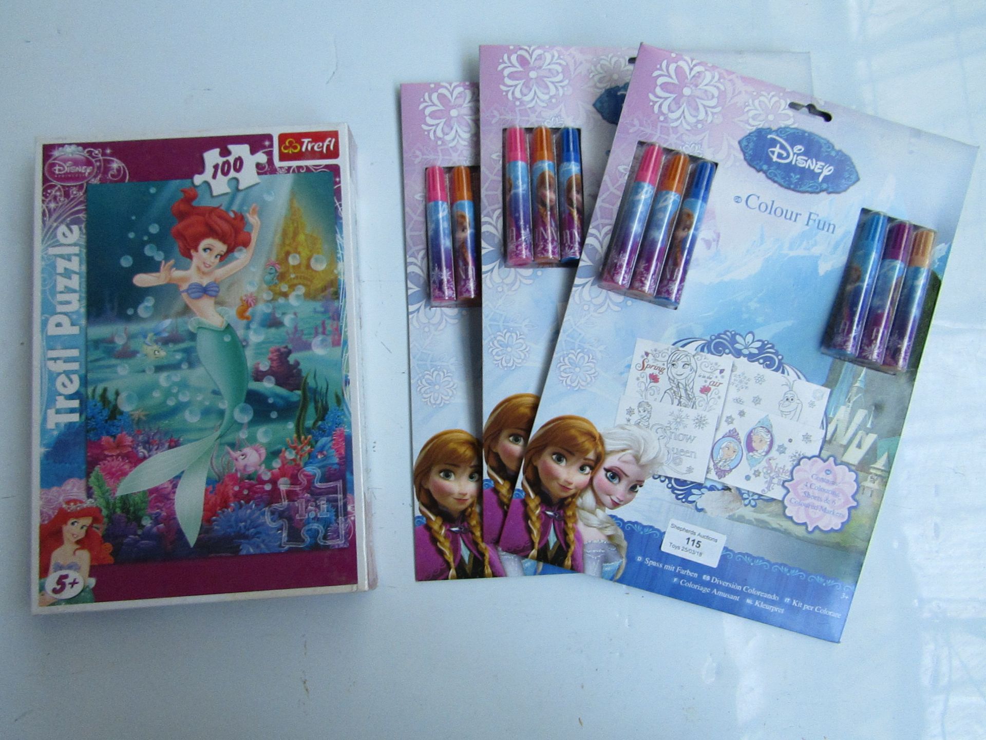 3x Disney Frozen colouring fun packs and a little mermaid jigsaw puzzle, all new and packaged.